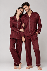 Couple- Premium Satin Pajamas with Piping – Maroon