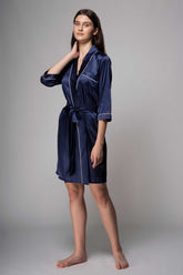 Premium Satin Robe with Piping – Navy Blue