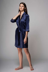 Premium Satin Robe with Piping – Navy Blue