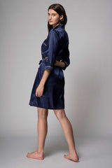 Premium Satin Robe with Piping – Navy Blue