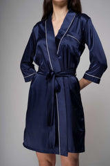 Premium Satin Robe with Piping – Navy Blue