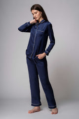 Premium Satin Pajamas with Piping – Navy Blue