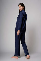 Premium Satin Pajamas with Piping – Navy Blue