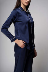 Premium Satin Pajamas with Piping – Navy Blue