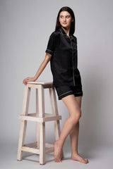 Premium Satin Shorts Set with Piping – Black
