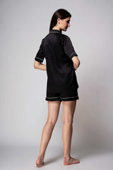 Premium Satin Shorts Set with Piping – Black