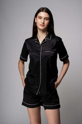 Premium Satin Shorts Set with Piping – Black