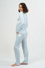 Washable Satin Long Pj Set – Ice BlueChampagne