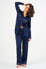 Washable Satin Long Pj Set – Navy Blue