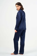 Washable Satin Long Pj Set – Navy Blue