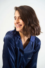 Washable Satin Long Pj Set – Navy Blue