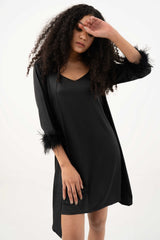 Fur Trimmed Robe and Camisole – Black