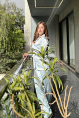 Premium Satin Pajamas with Piping – Ice Blue