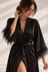 Feather Trimmed Robe - Black