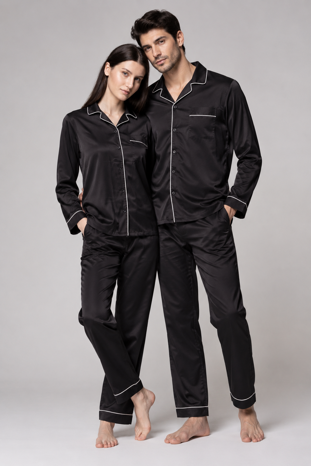 Couple- Premium Satin Pajamas with Piping – Black