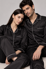 Couple- Premium Satin Pajamas with Piping – Black