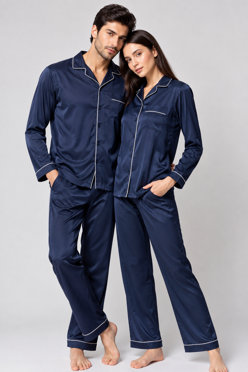 Couple- Premium Satin Pajamas with Piping – Navy Blue
