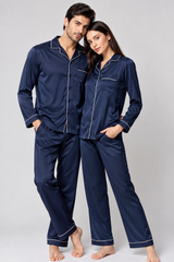 Couple- Premium Satin Pajamas with Piping – Navy Blue