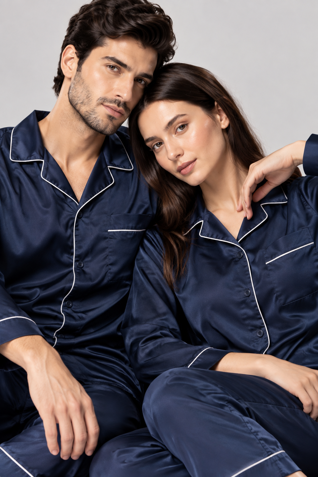 Couple- Premium Satin Pajamas with Piping – Navy Blue
