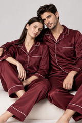 Couple- Premium Satin Pajamas with Piping – Maroon