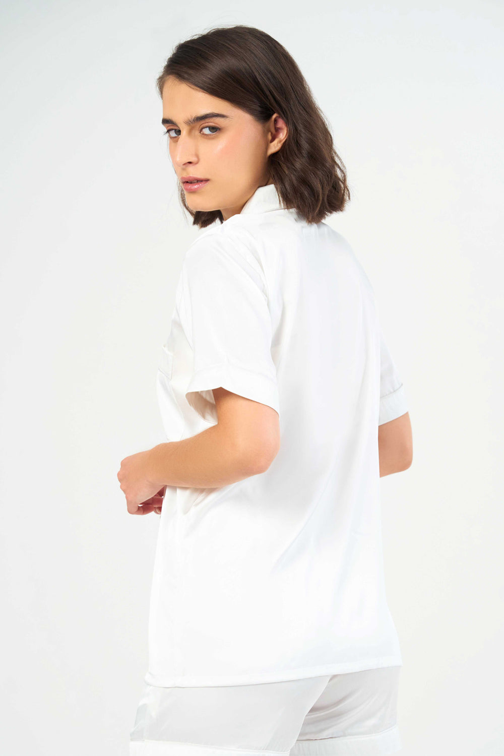 Washable Satin Short Pj Set – Pearl White