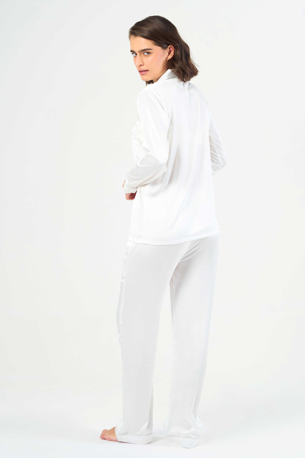 Washable Satin Long Pj Set – Pearl White