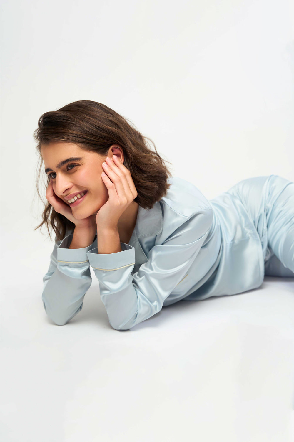 Washable Satin Long Pj Set – Ice BlueChampagne