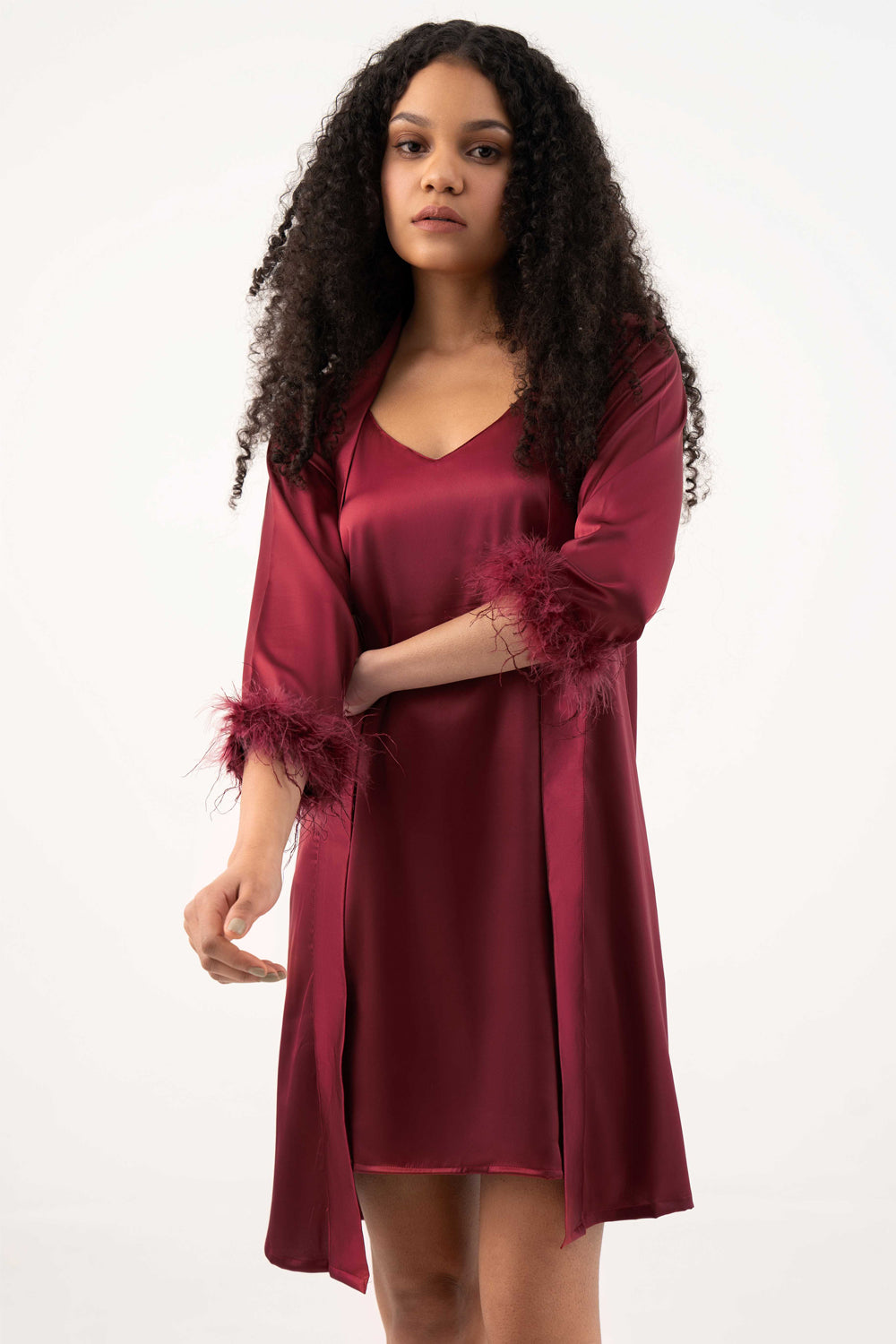 Maroon Robe Big Fur Trimmed Robe and Camisole – Maroon – Sol-t