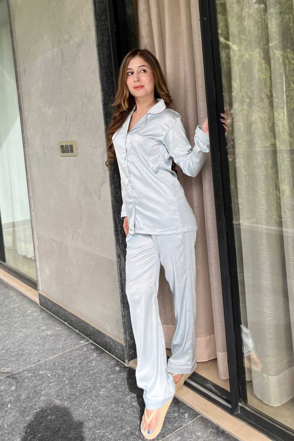 Premium Satin Pajamas with Piping – Ice Blue