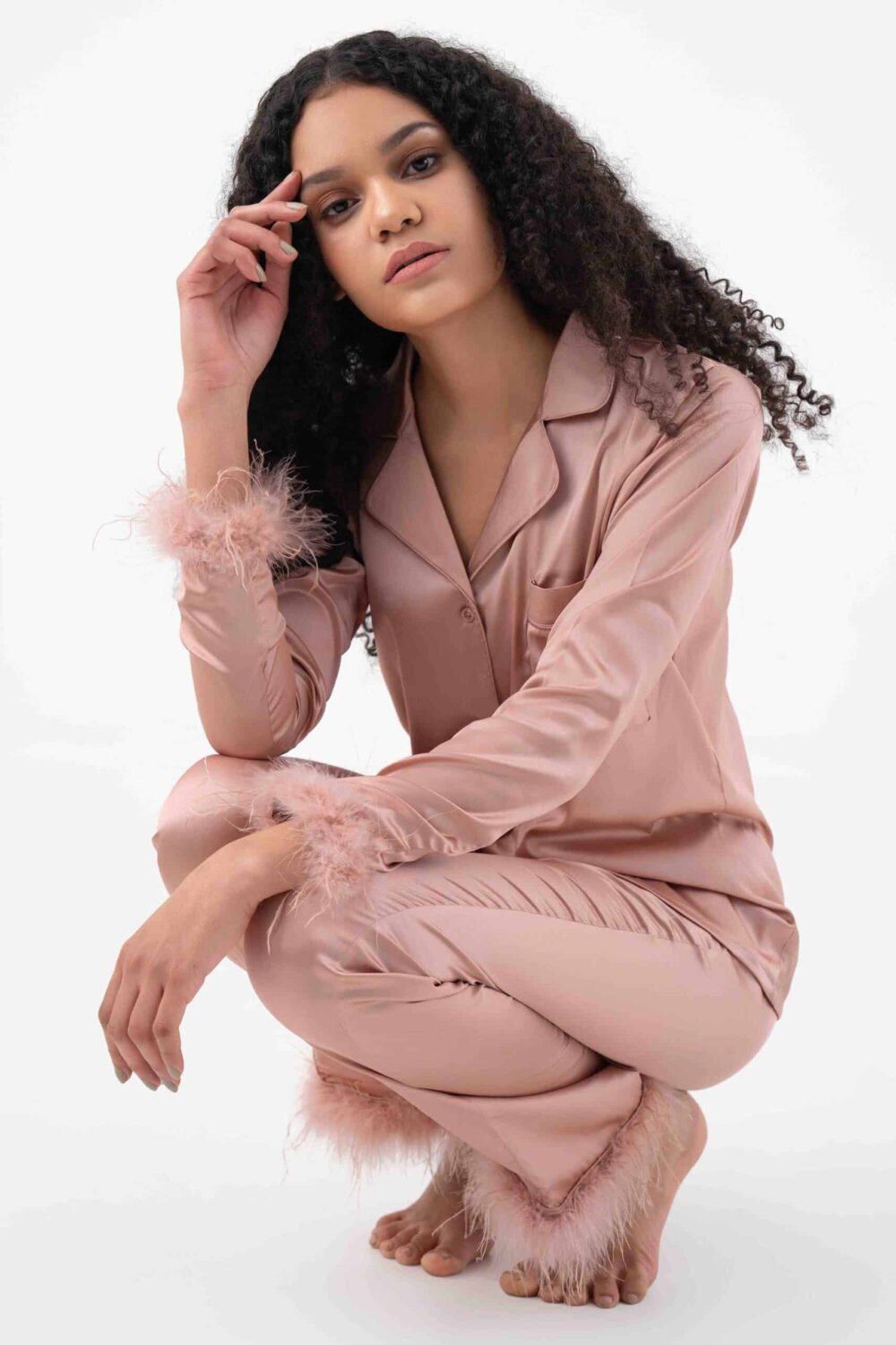 Rose gold satin pyjamas sale